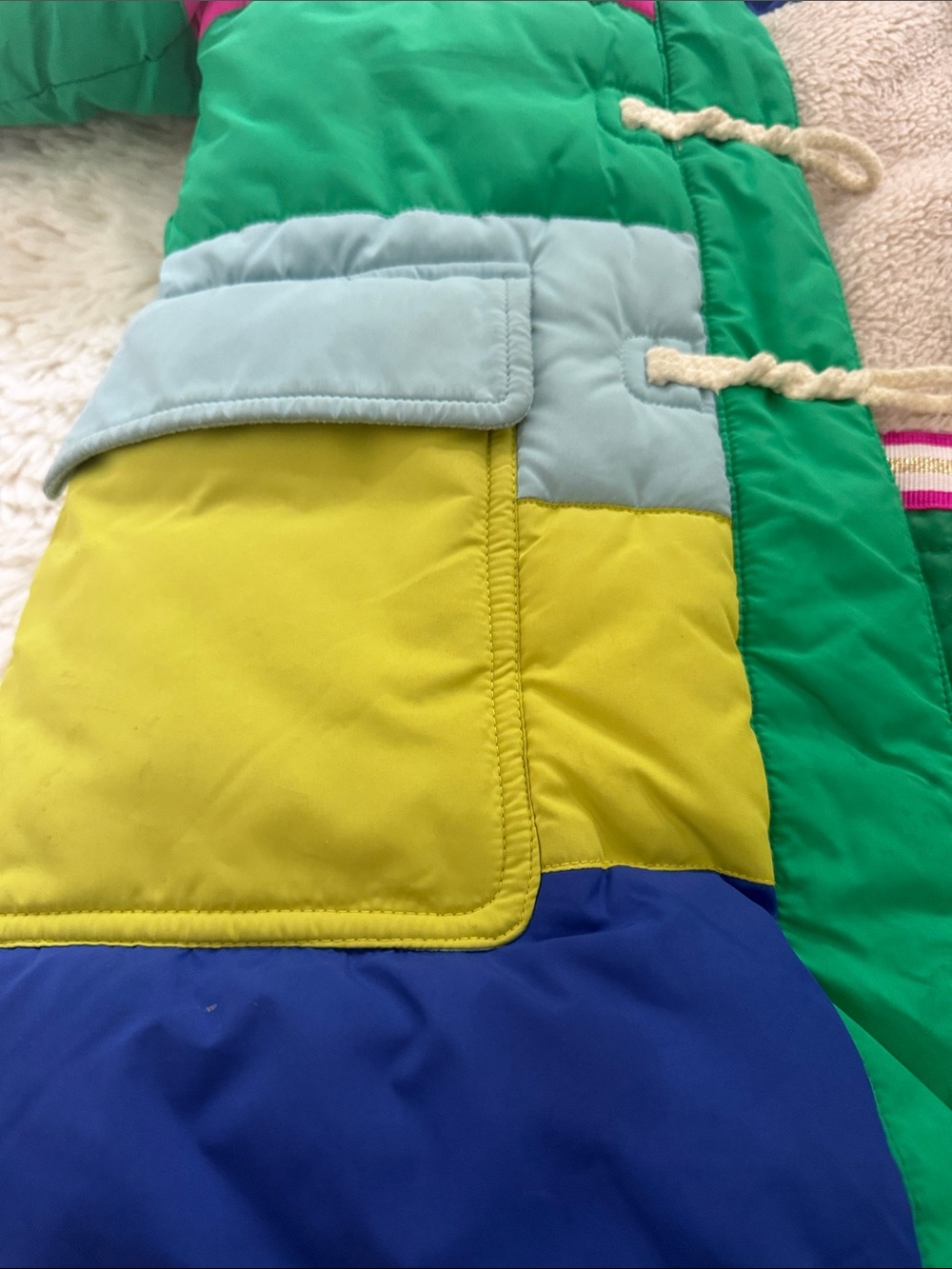 Mini Boden Bright Multicolor Striped Hooded Puffer Coat with Faux Fur Trim - Picture 4 of 7